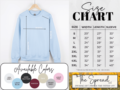 Sweatshirt size and color chart for The Spread LLC